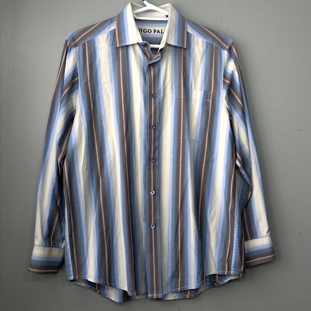 Indigo Palms Mens Size Large Blue Striped Button Up Dressy Casual Shirt Beachy